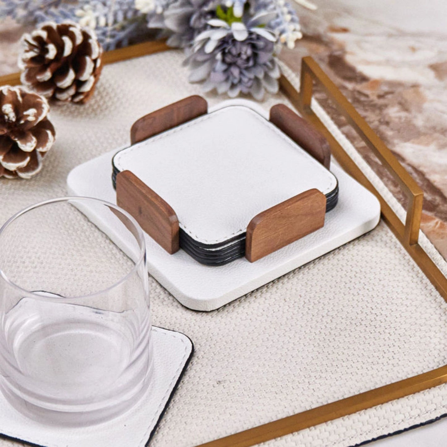 Square Leather Coasters Set of 6 and Holder (White, Grey)