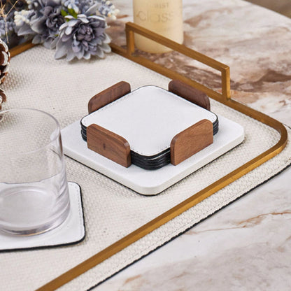 Square Leather Coasters Set of 6 and Holder (White, Grey)