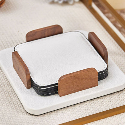 Square Leather Coasters Set of 6 and Holder (White, Grey)