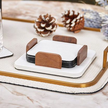 Square Leather Coasters Set of 6 and Holder (White, Grey)