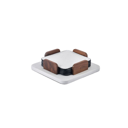 Square Leather Coasters Set of 6 and Holder (White, Grey)