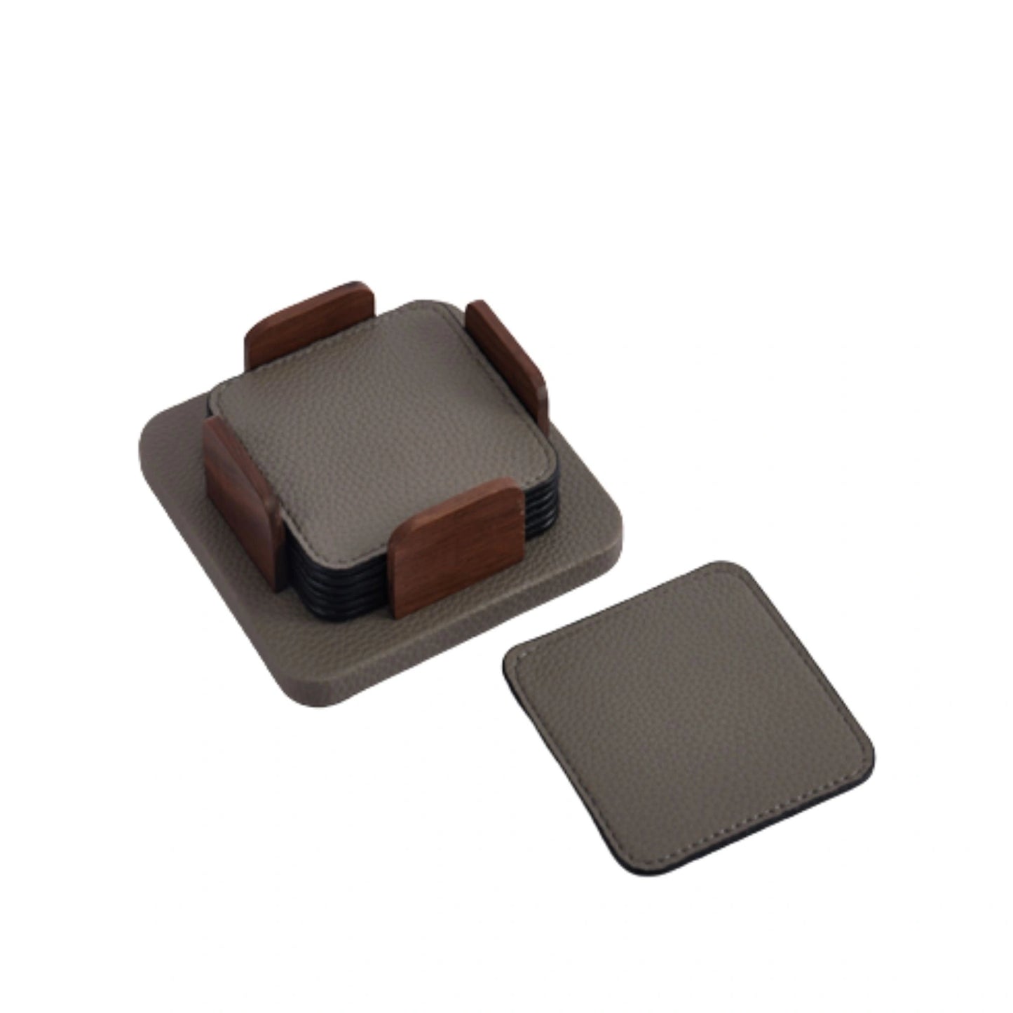 Square Leather Coasters Set of 6 and Holder (White, Grey)
