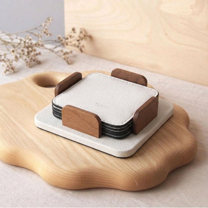 Square Leather Coasters Set of 6 and Holder (White, Grey)