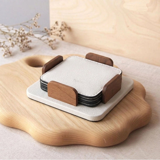 Square Leather Coasters Set of 6 and Holder (White, Grey)