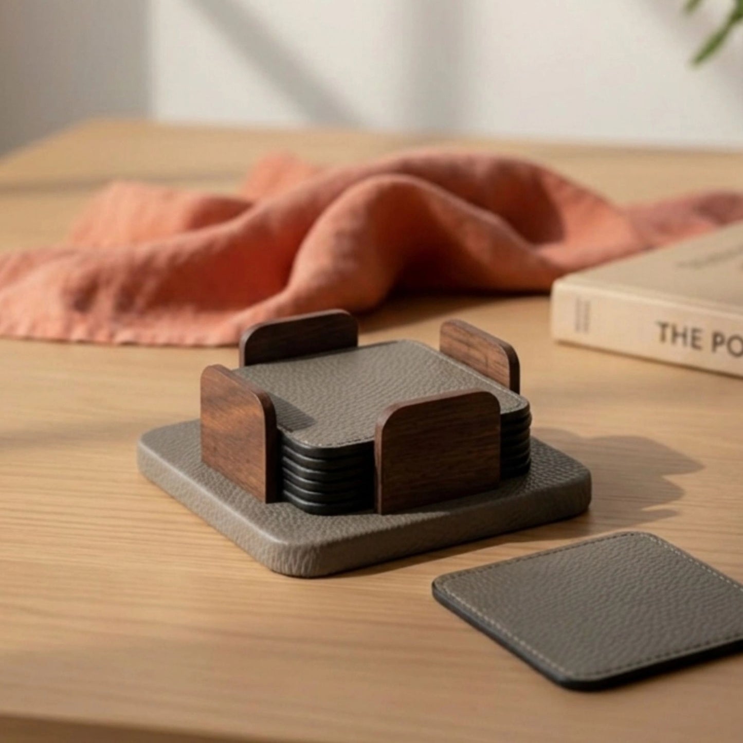 Square Leather Coasters Set of 6 and Holder (White, Grey)