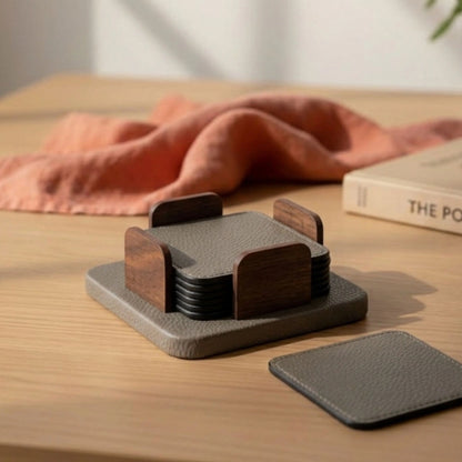 Square Leather Coasters Set of 6 and Holder (White, Grey)