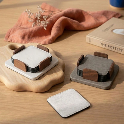 Square Leather Coasters Set of 6 and Holder (White, Grey)