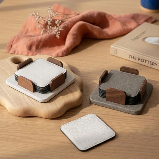 Square Leather Coasters Set of 6 and Holder (White, Grey)