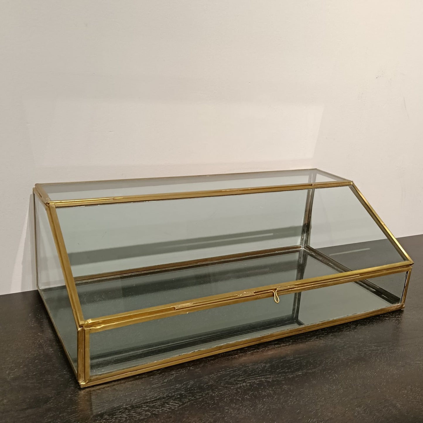 Glass display case with gold frame on a dark surface