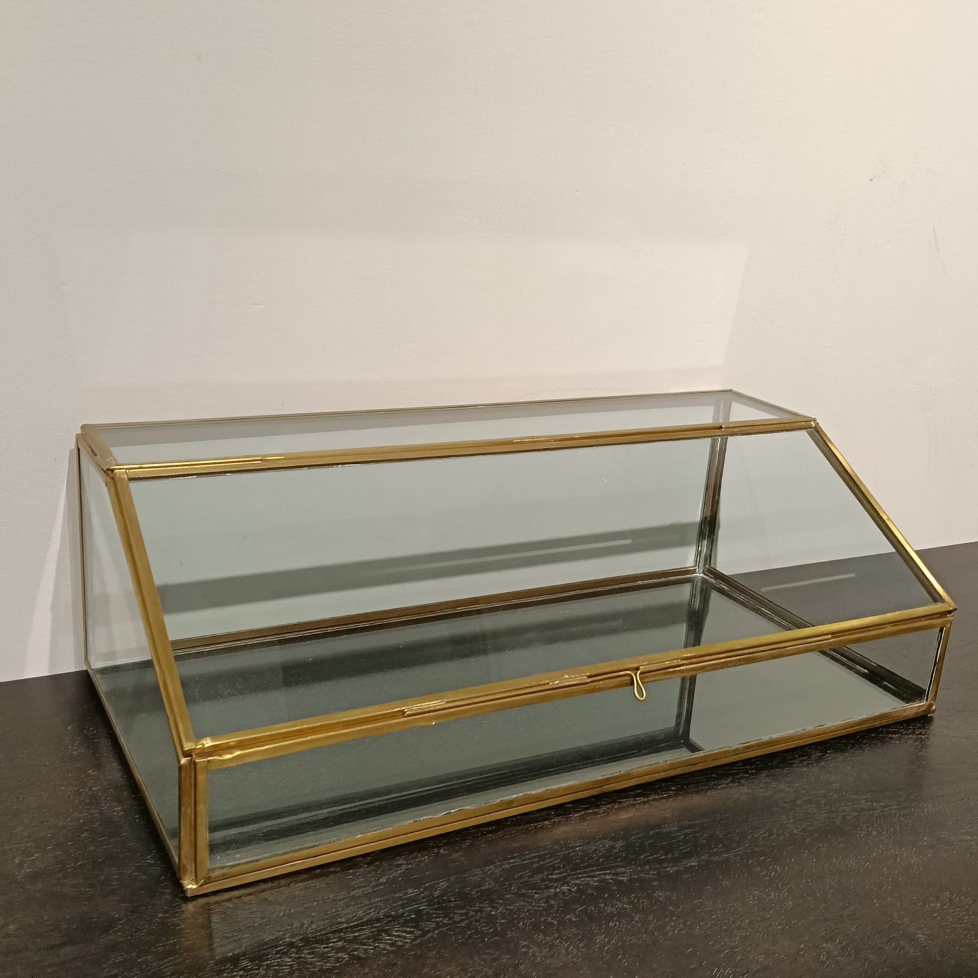 Glass display case with gold frame on a dark surface