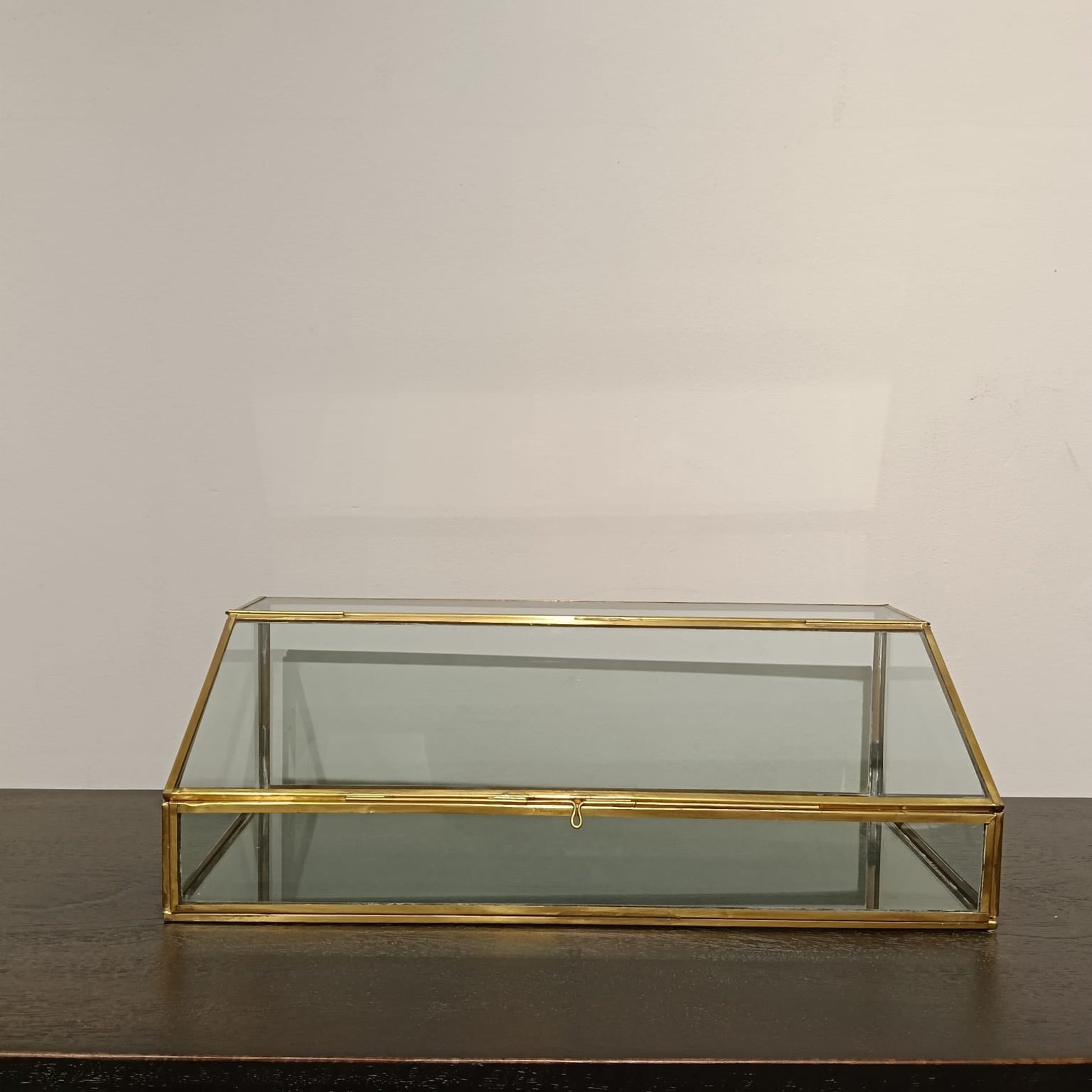 Glass display case with gold frame on a dark surface against a beige wall